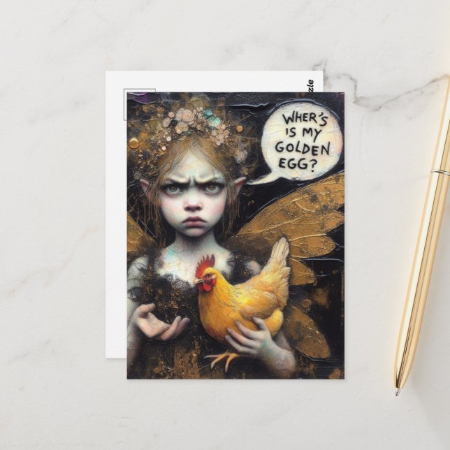 Fairy Wheres My Golden Egg Annoyed with Hen Vykort (Fram/Back In Situ)