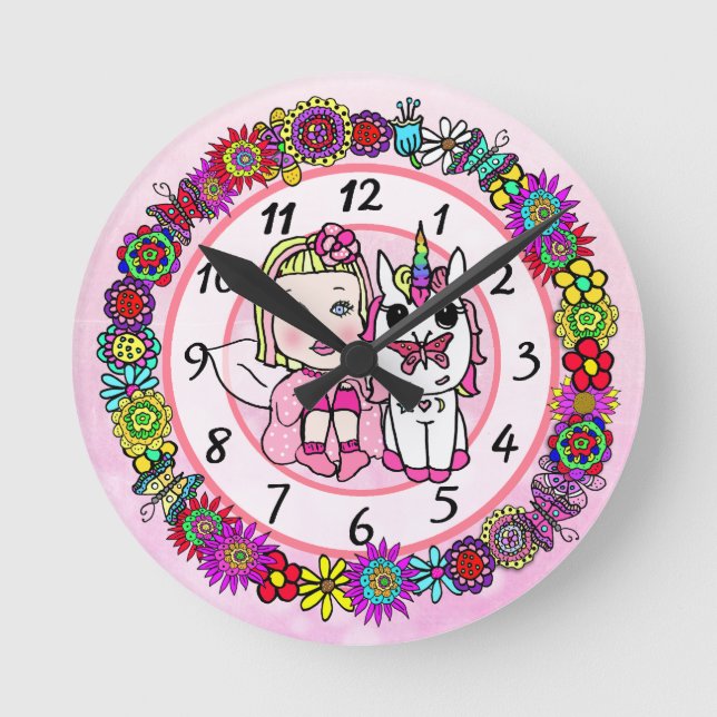Fairy Whimsical Folk Art Girl's Rund Klocka (Framsida)
