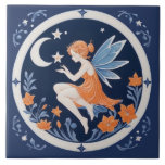 Fairy with Moon & Stars Night blue & orange Kakelplatta<br><div class="desc">"fairy with moon and stars",  "orange blue and white",  "cute floral fairytale fairies",  "beautiful night faerie wings",  "tiny little woman lady",  "mythic mystical myth mythology",  "fae winged elfin pixie",  "navy little girls room decor",  "magical magic elf creature",  "dark starry evening star"</div>