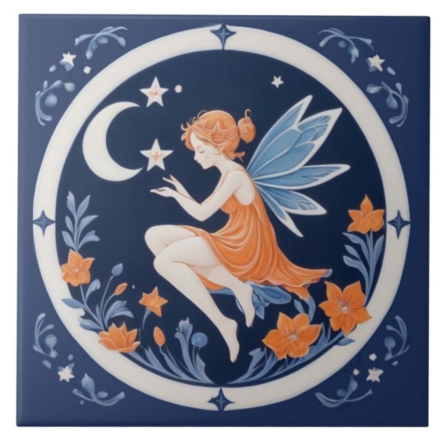 Fairy with Moon & Stars Night blue & orange Kakelplatta (Framsidan)