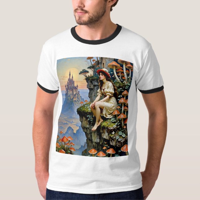Fairycore Girl Cliffside Mushroom Castle Shirt T (Framsida)