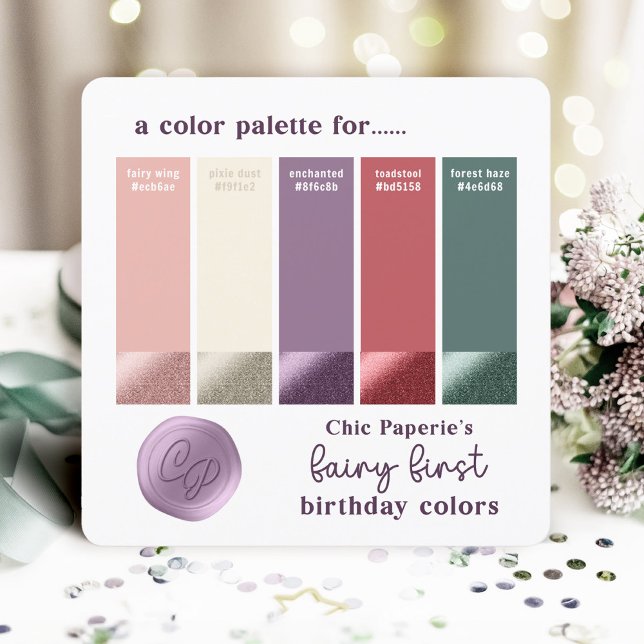 Fairycore-kort för Rosa, Grönt, Lila Färg-palett Inbjudningar (Fairy First Birthday Color Palette Swatch Card. Fairy Wing Pink, Pixie Dust, Enchanted Purple...)