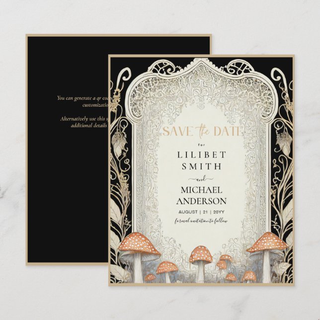 Fairycore Save Date Black Guld Woodland (Fram/baksida)