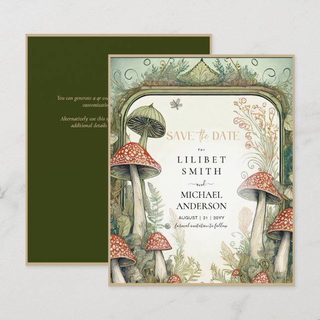 Fairycore Save Date Grönt Guld Woodland (Fram/baksida)
