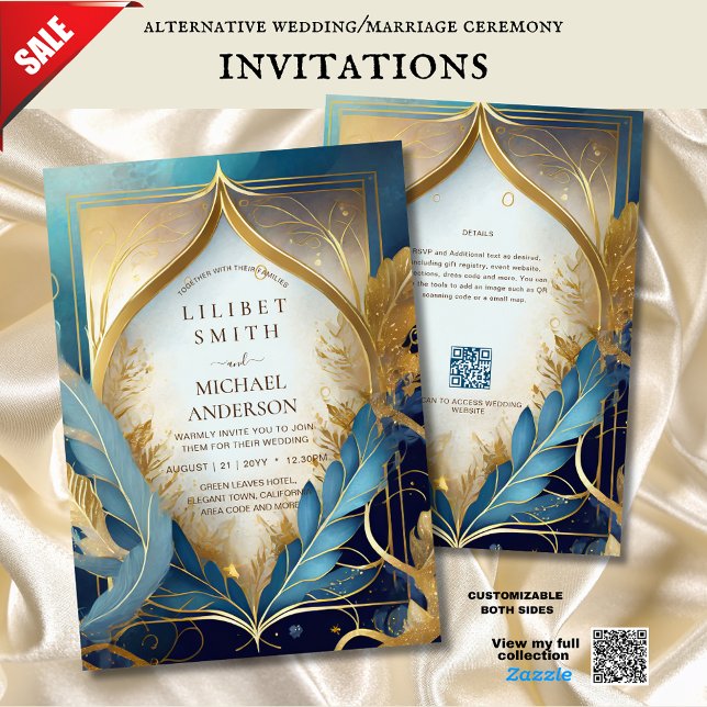 FAIRYCORE WEDDING INVITATION FAIRYTALE TEAL GULD INBJUDNINGAR (Skapare uppladdad)