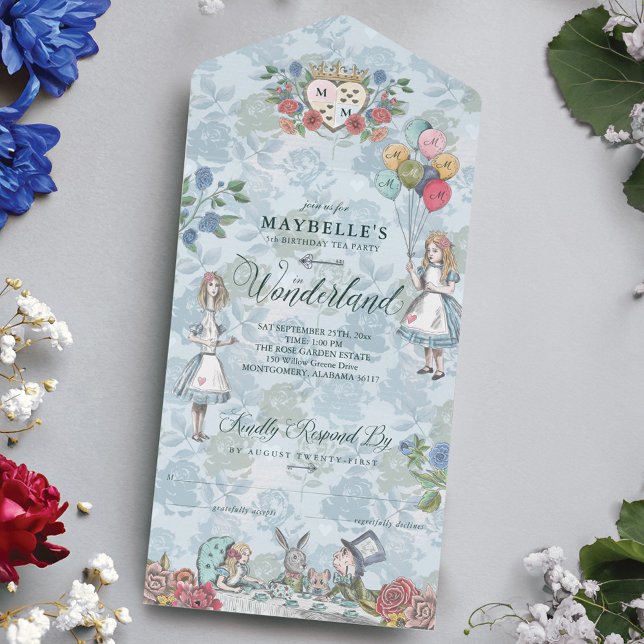 Fairytale Alice i Wonderland Birthday Tea Party (Fairytale Alice in Wonderland Birthday Tea Party All In One Invitation)