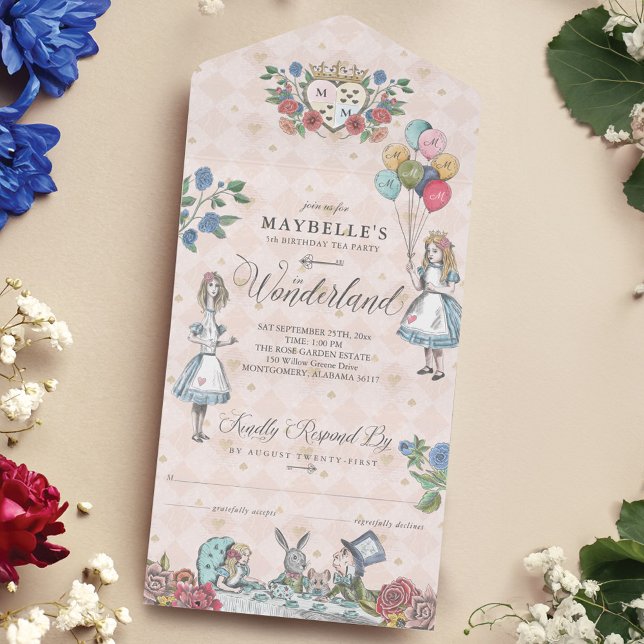 Fairytale Alice i Wonderland Birthday Tea Party (Fairytale Alice in Wonderland Birthday Tea Party All In One Invitation)