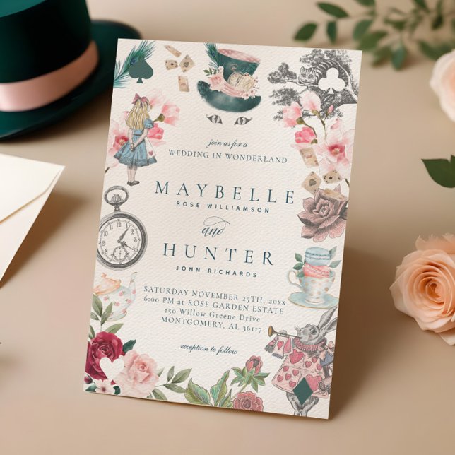 Fairytale Alice i Wonderland Whimsical Bröllop Inbjudningar (Fairytale Alice in Wonderland Whimsical Wedding Invitation)