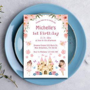 Fairytale and castle rosa blommigt 1:a födelsedag inbjudningar
