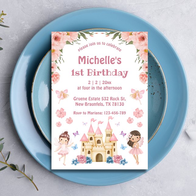 Fairytale and castle rosa blommigt 1:a födelsedag inbjudningar (Skapare uppladdad)