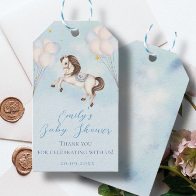 Fairytale baby Pony Blue-ballonger stjärnor Shower Presentetikett (Skapare uppladdad)
