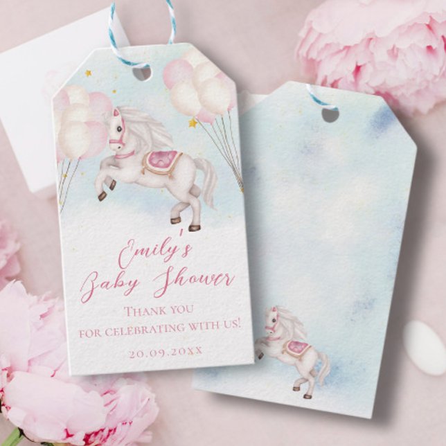 Fairytale baby Pony rosa balloons stars Shower Presentetikett (Skapare uppladdad)