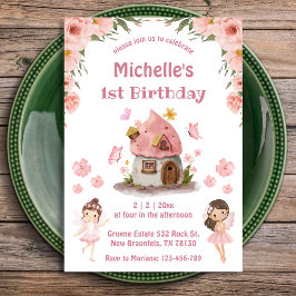 Fairytale blommigt rosa 1:a födelsedag inbjudningar