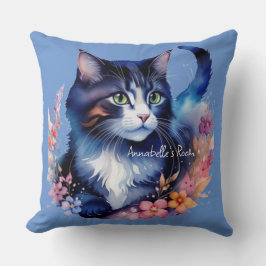 Fairytale Blue Watercolor Kitten Kudde