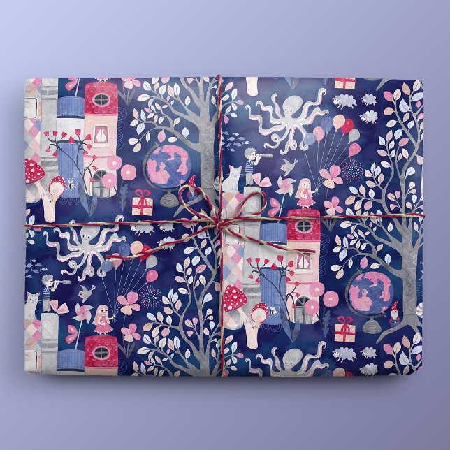 Fairytale Bokar och Magic Creatures Blue Presentpapper (Gift Mockup)