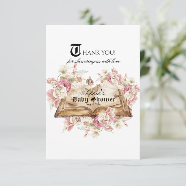 Fairytale Book Pink Rose Baby Shower Tack Kort (Stående Fram)