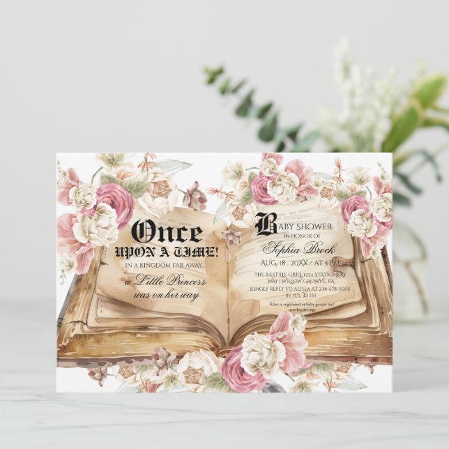 Fairytale Book Pink Rose Floral Baby Shower Inbjudningar (Stående Fram)