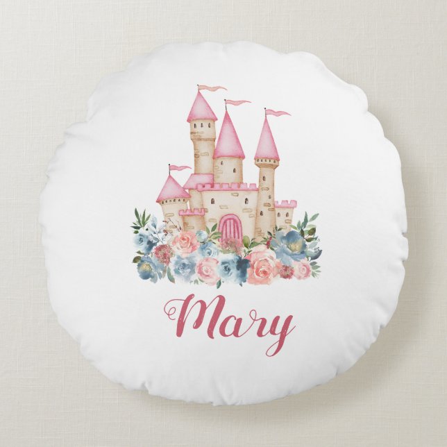 Fairytale Castle Kids Namn Soft Färg Blommigt Cute Rund Kudde (Framsidan)