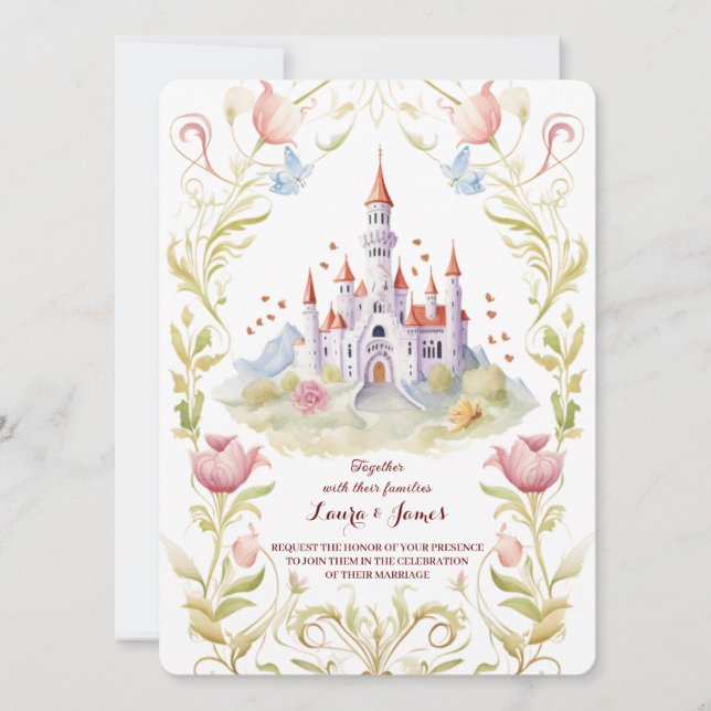 Fairytale Castle Pastel Watercolor Floral Wedding Inbjudningar (Framsida)