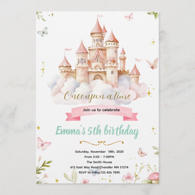 Fairytale Castle princess Birthday Invitation Inbjudningar (Framsida)