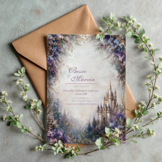 Fairytale Castle Purple Floral Misty Wedding Inbjudningar (Skapare uppladdad)