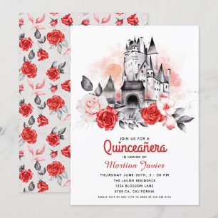 Fairytale Castle Quinceañera Röd ros 15:e födelsed Inbjudningar