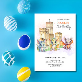 Fairytale Cute Baby Dragons Castle Birthday Inbjudningar
