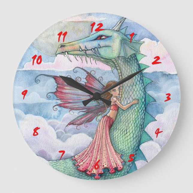 Fairytale Dragon och Fairy Girls Wall Clock Stor Klocka (Framsida)