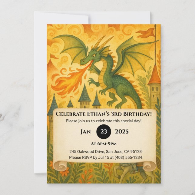 Fairytale Dragon och Knight Illustration Birthday Inbjudningar (Framsida)