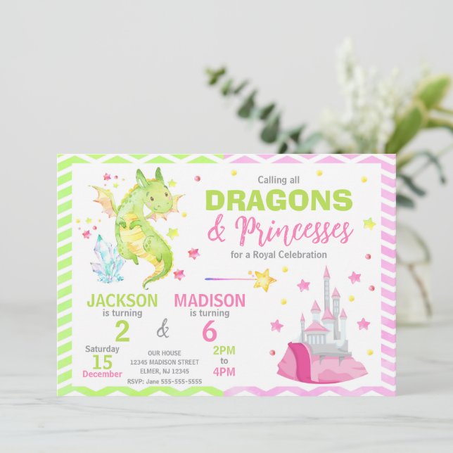 Fairytale Dragon Princess Joint Birthday Inbjudningar (Stående Fram)