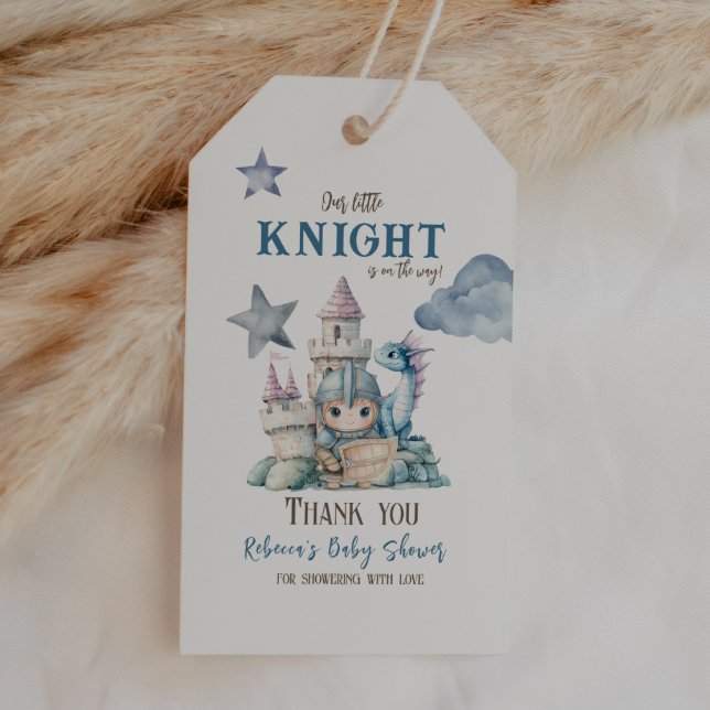Fairytale Dreamy Dragon Blue Knight Baby Shower Presentetikett (Skapare uppladdad)