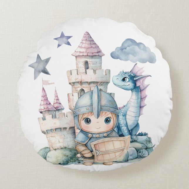 Fairytale Dreamy Dragon Blue Knight Baby Shower Rund Kudde (Framsidan)