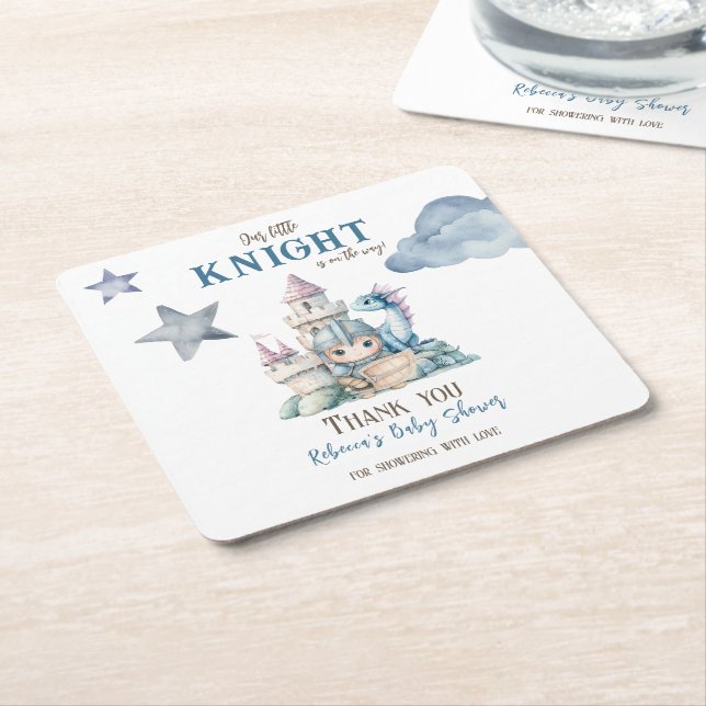 Fairytale Dreamy Dragon Blue Knight Baby Shower Underlägg Papper Kvadrat (Vinklad)