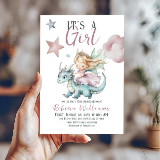 Fairytale Dreamy Dragon Rosa Princess Baby Shower Inbjudningar