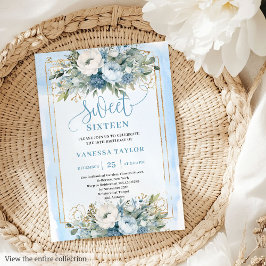 Fairytale Dusty Blue White Guld Flowers Sweet 16 Inbjudningar