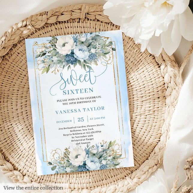 Fairytale Dusty Blue White Guld Flowers Sweet 16 Inbjudningar (Fairytale Dusty Blue White Gold Flowers Sweet 16 Invitation)