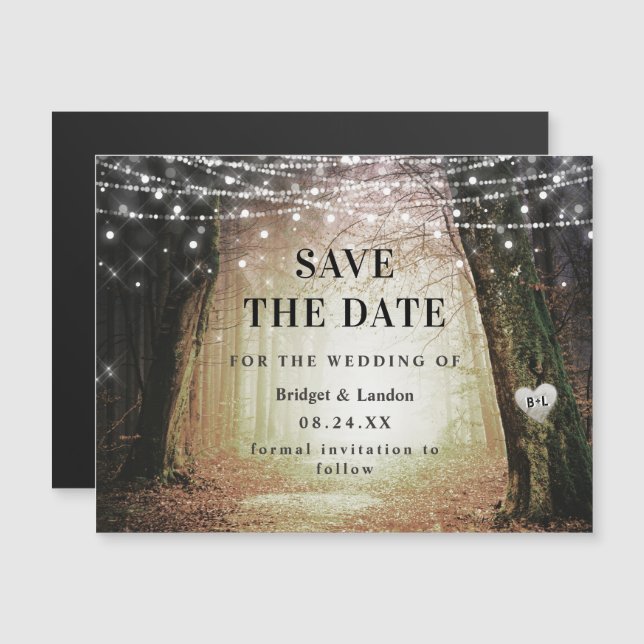 Fairytale Enchanted Forest Golden Save Date Magnetisk Inbjudningskort (Fram/baksida)