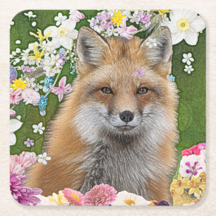 Fairytale Fox i Fält i Flowers Underlägg Papper Kvadrat