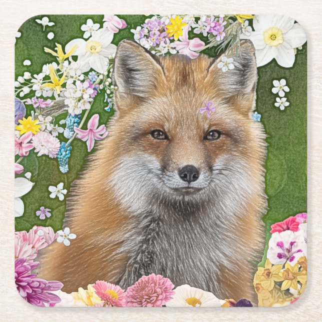 Fairytale Fox i Fält i Flowers Underlägg Papper Kvadrat (Framsidan)