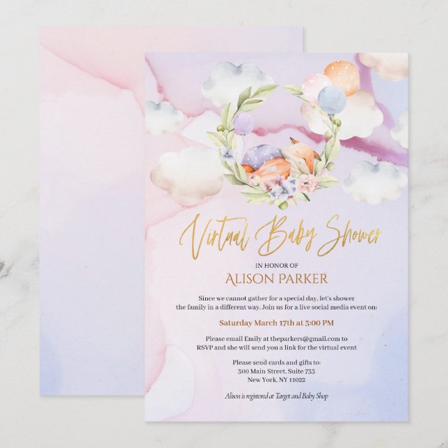 Fairytale Fox Rosa Himlar Dream | Virtuella babysk Inbjudningar (Fram/baksida)