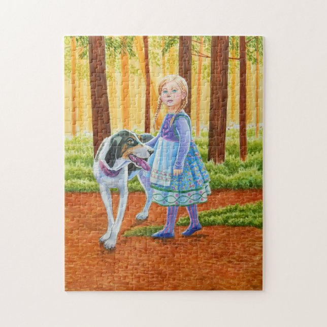 Fairytale Girl med Hound in Forest Pussel (Vertikal)