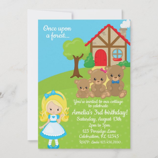 Fairytale Goldilocks och Bears Girls Birthday Inbjudningar (Framsida)