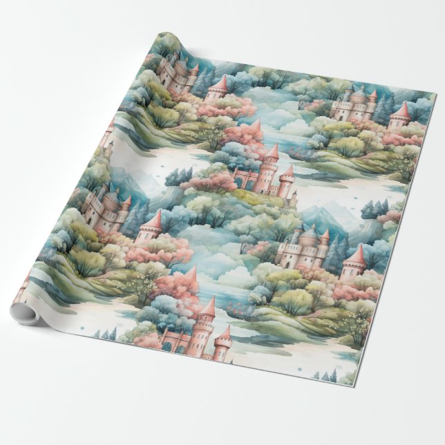 Fairytale in Fairyland Castles Pastel Rosa Blue Presentpapper (Utrullad)