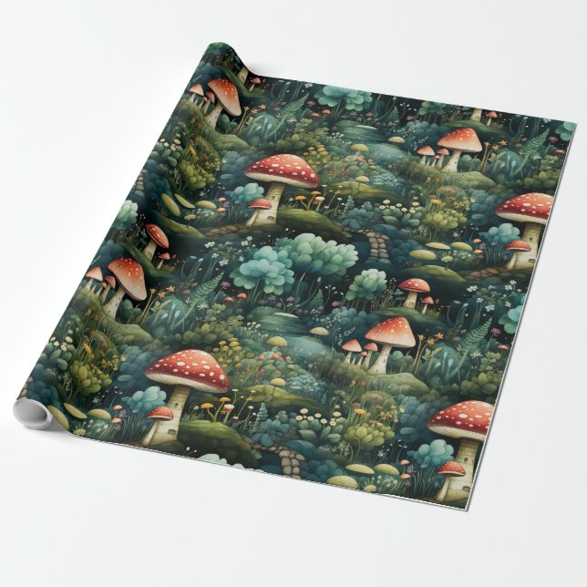 Fairytale in Fairyland Mushroom House Grönt Orange Presentpapper (Utrullad)