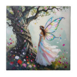 Fairytale Inspired Fairy and Whimsical Tree Kakelplatta<br><div class="desc">This pretty ceramic tile has a beautiful and magical scene with a fairy standing next to a tree full of whimsical vines and flowers.</div>