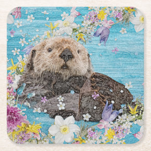 Fairytale Otter i Flowers flod Underlägg Papper Kvadrat
