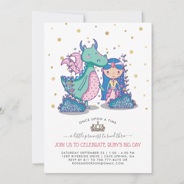 Fairytale Party-inbjudan | Princess & Dragon (Framsida)