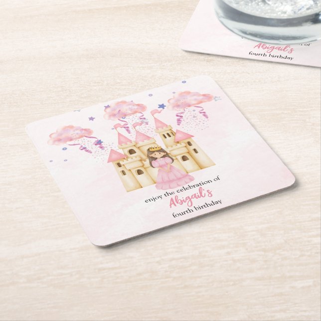 Fairytale Pink Castle Princess All Ages Birthday Underlägg Papper Kvadrat (Vinklad)