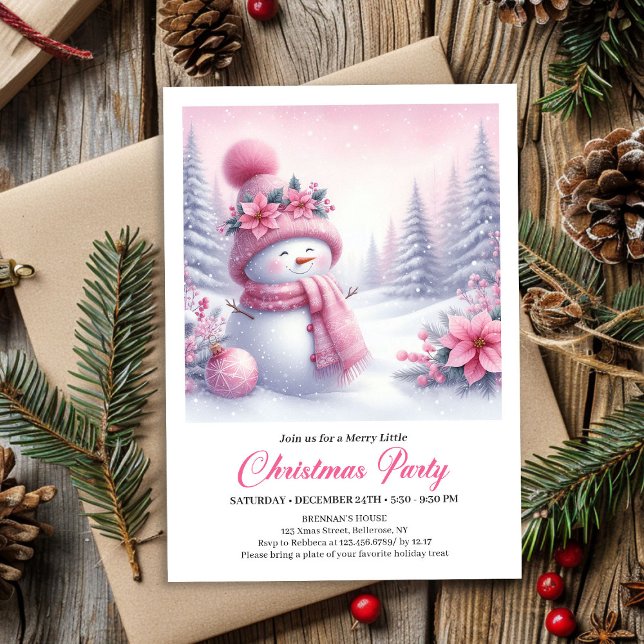 Fairytale Pink Snowman Editable Christmas Kids  Inbjudningar (Fairytale Pink Snowman Editable Christmas Kids Party Invite)