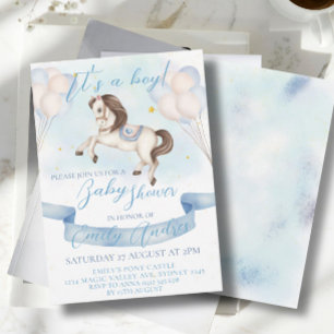 Fairytale Pony Stars Balloons Baby Shower Boy Inbjudningar
